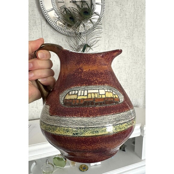 RARE VTG Eduardo Vega Vase Signed Tan Brown Abstract medium round - Picture 7 of 9